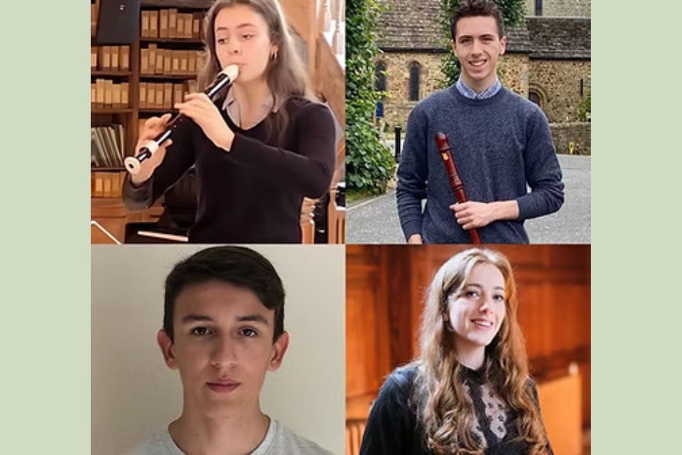 A collage of four musicians holding their recorders and smiling